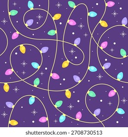 Bright Christmas Light String Padrão sem emenda com estrelas no fundo roxo ilustração vetor