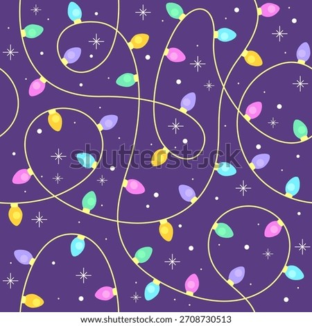 Bright Christmas Light String Seamless Pattern with Stars on Purple Background Vector Illustration