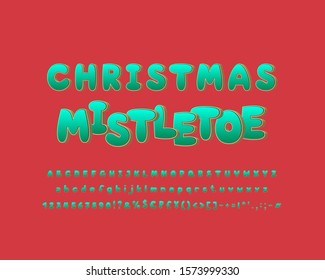 Bright Christmas mistletoe alphabet. Cute vector font with glossy turquoise color palette. Uppercase and lowercase letters, numbers, marks, currency symbols. Golden 3D font for Christmas design