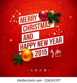 Bright Christmas and New 2015 year card . Red traditional background with white ribbon and realistic Christmas decoration. Vector illustration.