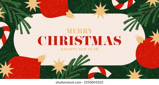 Bright Christmas e banner de Ano Novo. Ilustração vetor na moda com bolas de Natal, bengalas de doces, estrelas, árvore de Natal e design de tipografia. Ano Novo fundo para cartão, capa, mídia social.