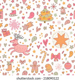 Bright Christmas and New Year holiday seamless pattern in vector. Funny holiday elements: stars, trees, hearts, bell, cookie, candies, deer, gifts and others
