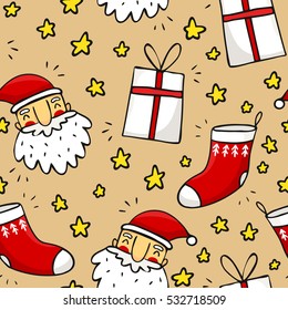 Bright Christmas and New Year vector seamless pattern with Santa Claus, socks, gifts and stars