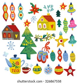 Bright Christmas and New years vector set.