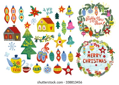 Bright Christmas and New years vector set.
