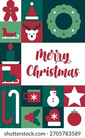 Colcha de retalhos de Natal brilhante com símbolos de férias e ilustração de vetor de saudação manuscrita