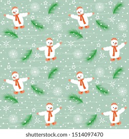 Bright christmas pattern with cheerful snowmen, spruce branches, snowflakes, with old vintage texture, artistic. New Year illustration for hoop, surface, packaging, postcard.