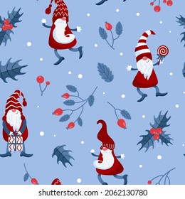 Bright Christmas pattern. Gnomes in caps, candy canes, gifts, winter rose hips, holly. Flat style in red-blue tones. For nursery, wallpaper, printing on fabric, wrapping