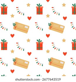 Padrão de Natal brilhante com uma carta ao Papai Noel e presentes