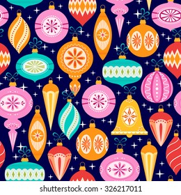 Bright Christmas Pattern With Multicolored Ornaments On Dark Blue Background.