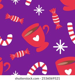 Bright Christmas pattern with red mugs and candy canes on a purple background. New Year cartoon pattern.  poster. Cozy winter background with cute hot chocolate cups for cards, wrapping paper, textile