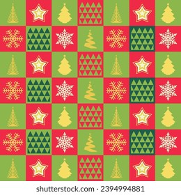 Bright Christmas Pattern with Christmas Tree, Star, Snowflakes, Triangles made in Red and Green Colors