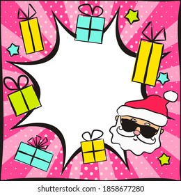 Bright Christmas pop art banner  with Boss Santa. Explosion and gifts on a bright pink background. Template for web design, banners, coupons, applications and posters. Vector illustration.