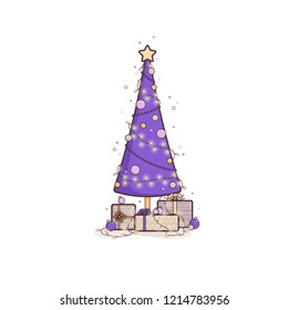 A bright Christmas purple tree decorated with pink, yellow and beige balls, glowing garlands, surrounded by gifts and Christmas decorations. Vector flat outline illustration in flat style.