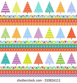 Bright Christmas seamless background with multicolored fir trees and patterned strips on white backdrop
