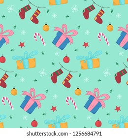 Bright Christmas seamless pattern with cute hand drawn gift boxes and stockings. Winter texture with holiday balls, candies, snowflakes for textile, wrapping paper, wallpaper, new year decor