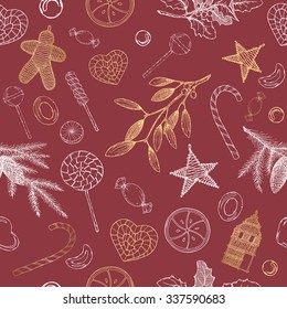 Bright Christmas seamless pattern with hand drawn candy, pine branches, mistletoe and holiday decorations. Great for greeting cards, templates, wallpaper, candy wrapping, candy shop design.