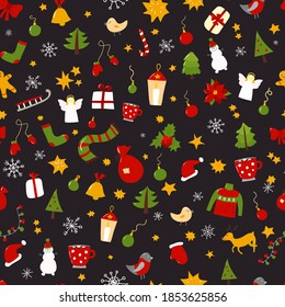Helles, nahtloses Weihnachtsmuster. Ideal für Grußkarten, Poster, Einladungen, Webseiten, Umhüllungen, Flyer, Broschüren, Banner, Zertifikate, Stoff, Tapete. Schaffen Sie Weihnachtsgeist!