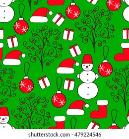Bright Christmas seamless pattern. Snowmen, gifts, Christmas balls, Santa hats.