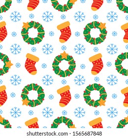 Bright Christmas seamless pattern with wreath and sock.