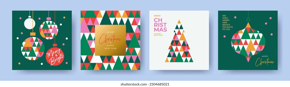 Bright Christmas Set of greeting cards, posters, holiday covers. Geometric style Xmas design with stylized Christmas Tree and Christmas triangles pattern in red, green, yellow, pink, white colors.