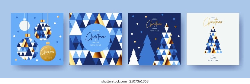 Bright Christmas Set of greeting cards, posters, holiday covers in the style of modern classics. Geometric Xmas design with Christmas Tree and Christmas triangles pattern in blue, gold, white colors