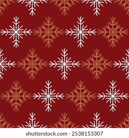Flocos de neve de Natal brilhante em um padrão perfeito em um fundo vermelho