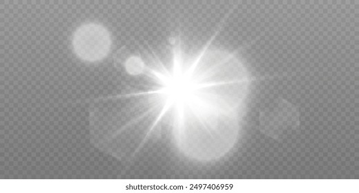 Bright Christmas star glow effect. Bright sun with rays and glare. Vector white light effect isolated on transparent background