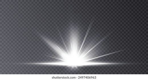 Bright Christmas star glow effect. Bright sun with rays and glare. Vector white light effect isolated on transparent background