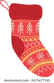 Bright Christmas stocking zigzag, snowflake, tree patterns. Red yellow holiday colors, fabric material. Decorative item festive decor, isolated white background
