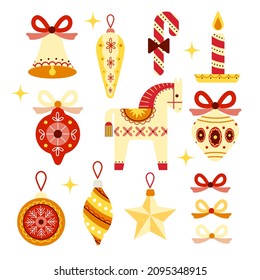 
Сollection of bright Christmas tree decorations.Colorful old-fashioned xmas toys. Holiday christmas tree 
aesthetics.