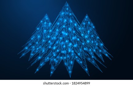 Bright Christmas trees. Symbol of Christmas and New year. Polygonal construction of concatenated lines and points.