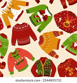 Brillantes Navidades feas suéter sin patrón de punto de Festiva saltadores de invierno con adornos noruegos Funny tradicional vintage ropa Vector de repetición de fondo para tela, envoltura de regalo, tarjeta, cartel