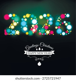Helle Weihnachts-Vektorgrafik mit leuchtenden 2026 Zahlen aus bunten kreisförmigen Lichtpunkten. Weicher Bokeh-Effekt, Neonglanz, festliche Atmosphäre, dunkler, kontrastreicher Hintergrund und eleganter Fröhlicher Weihnachtsbrief. Perfekt für Grußkarten, Weihnachtsbanner, Poster, Social-Media-Grafiken und saisonale Marketingmaterialien. Vollständig skalierbares Vektorformat.