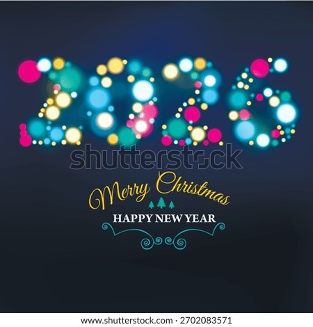 Bright Christmas vector illustration featuring glowing 2026 numbers made of colorful circular light dots. Soft bokeh effect, neon shine, festive atmosphere, dark contrasting background, and elegant Me