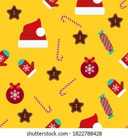 Bright Christmas wrapping Vector illustration in flat design Seamless pattern with New year symbols: santa hats, candy canes, gingerbreads, mittens and baubles