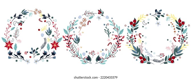 Flor de Navidad brillante, flores coloridas, caramelos, rama de pino, cono de pino, bolas. Concepto Navidad y Año Nuevo. Perfecto para tarjetas de felicitación, afiches, postales, banner. Vector.