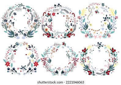 Bright Christmas wreath, colorful flowers, candy, pine branch, pine cone, balls. Concept Christmas and New Year. Perfect for greeting cards, poster, postcard, banner. Vector.