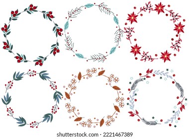 Bright Christmas wreath, poinsettia, colorful leaves, pine branch, red berries. Concept Christmas and New Year. Perfect for greeting cards, poster, postcard, banner. Vector.