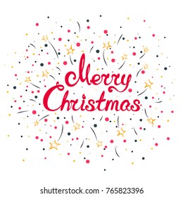Bright Christmassy Winter Background, Red Text Merry Christmas on a White Background, Fireworks and Stars with Colorful Snowballs , Vector Illustration