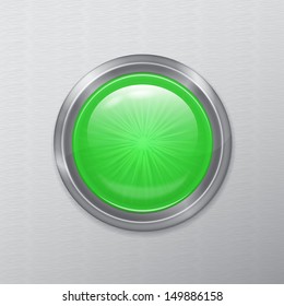 bright chrome realistic green button interface on a metal background