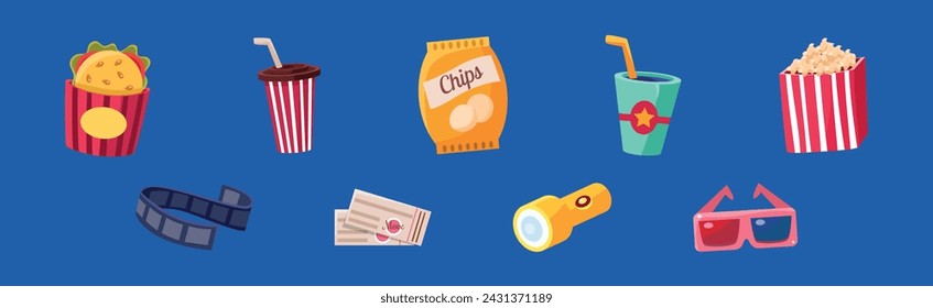Bright Cinema Element on Blue Background Vector Set