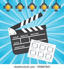 Bright cinema poster with clapperboard. Flat vector cartoon illustration. Objects isolated on a blue background.