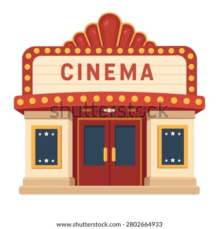 Bright cinema theater facade vector icon with marquee sign, entrance doors and movie posters.