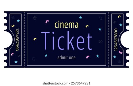 Bright cinema ticket with confetti and stars, cinema ticket, film, movie, colorful confetti, black background with stars and colorful confetti