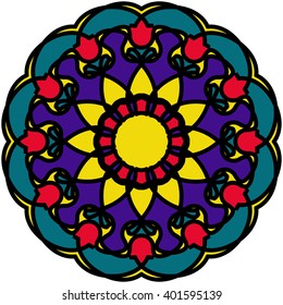 Bright circle contour line stained-glass mosaic like frame isolated on white background. Space for text can be used for invitations, promotional poster or greeting cards. Vector illustration eps