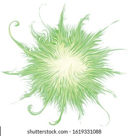 Bright circle fantasy midpoint feather drawing shape design. Big fuzzy magic sphere form effect in modern artist cartoon creative line style. Lime color motley power boom ball symbol on fond for text