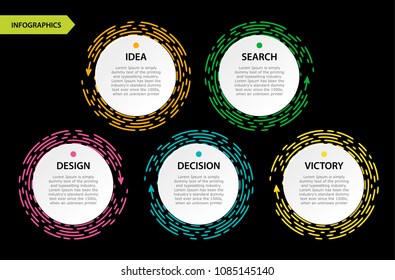 Bright Circle infographic with header on black bacdrop. Yellow, pink, green, blue dotted line under white page of paper. Template diagram. Vector illustration.