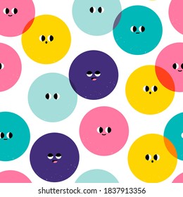 Bright Circles with face emotions. Round shapes. Layered colors. Hand drawn trendy Vector illustration for kids. Cute funny characters. Square Seamless Pattern. Background, Wallpaper