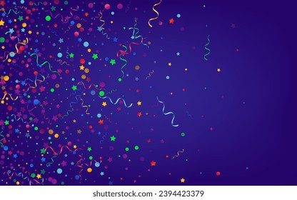 Helle Kreise Happy Vektor Blue Hintergrund. Einladung mit Flying Ribbon. Star Celebration Plant. mehrfarbige Weihnachtsvorlage.